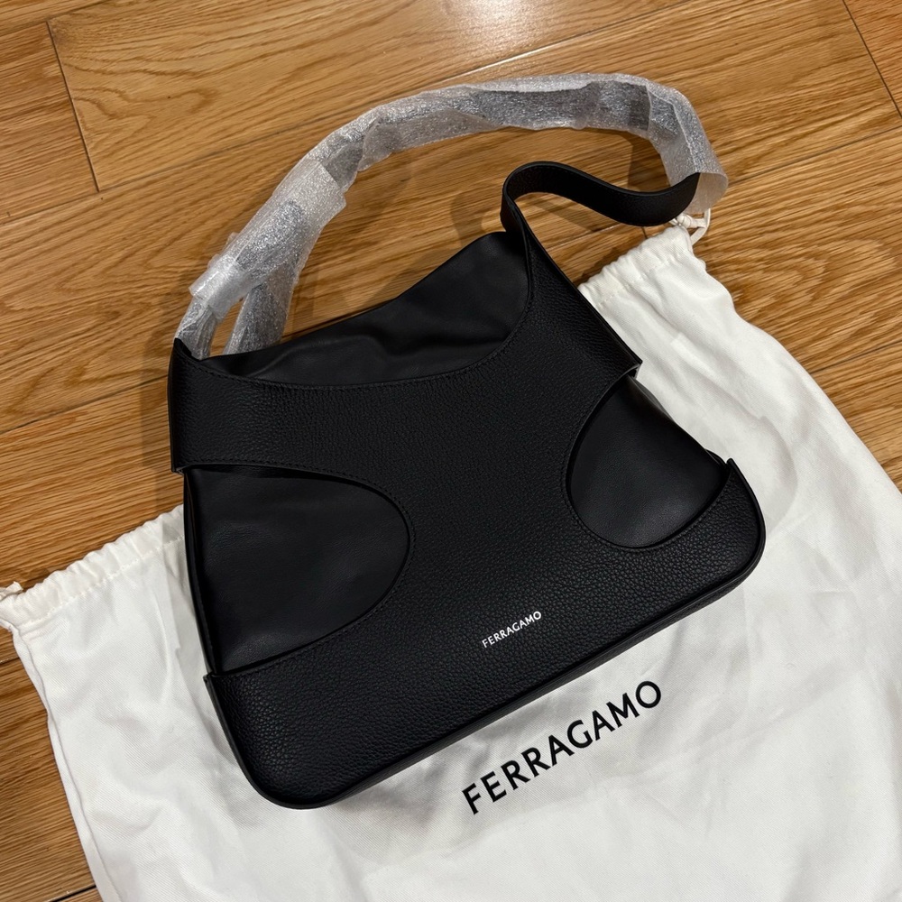 NWT Ferragamo Black Leather Shoulder Bag